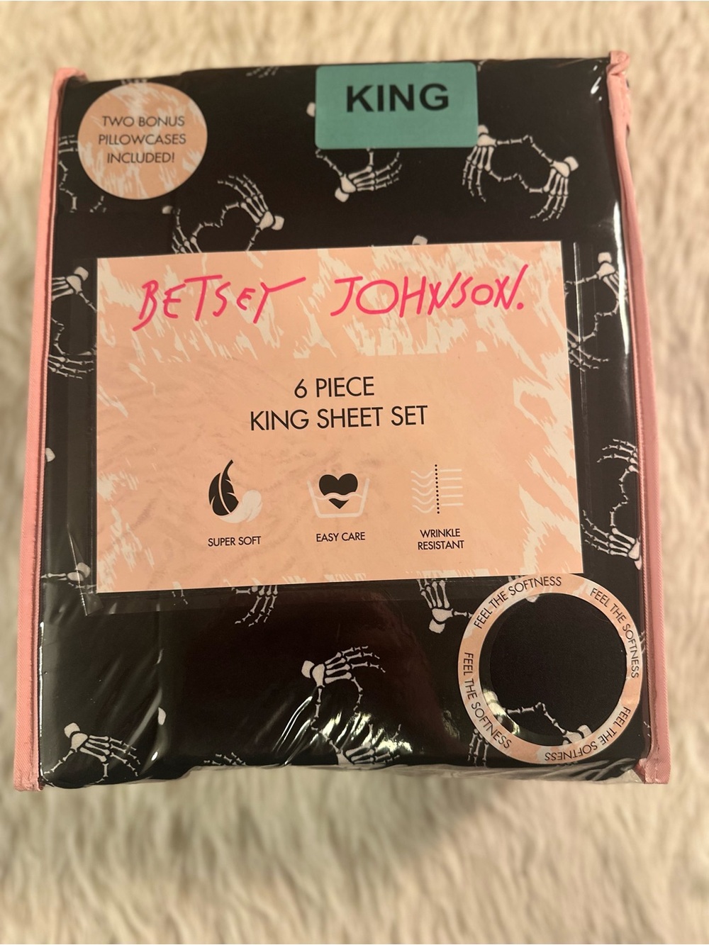 Betsey Johnson Black Sheet Set with White Skeleton Heart Hands Print